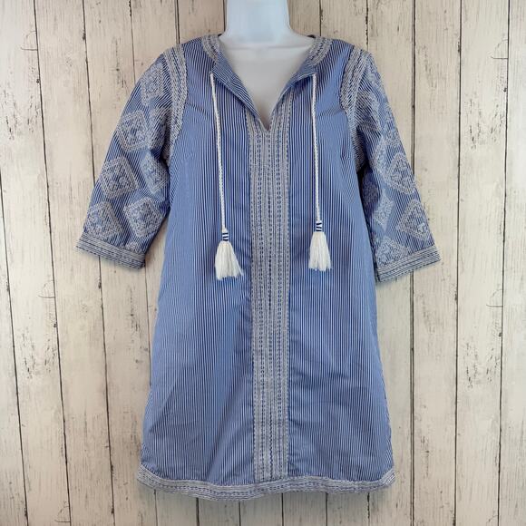 Gretchen Scott Blue/White Seersucker Odessa Tassel Tunic Shift Dress Size Small - Picture 2 of 13